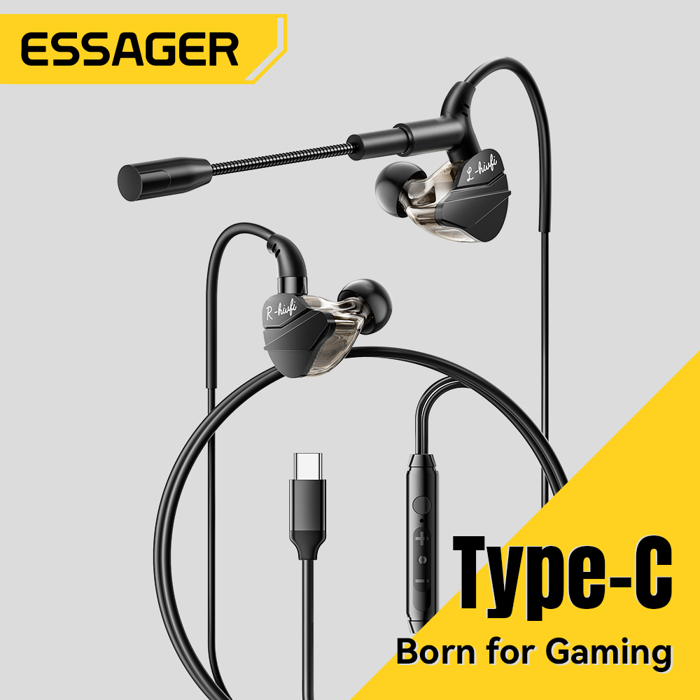 Essager juego auriculares con cable HIFI Bass in-ear USB tipo C 3,5mm con cable controlado con micrófono auriculares con reducción de ruido