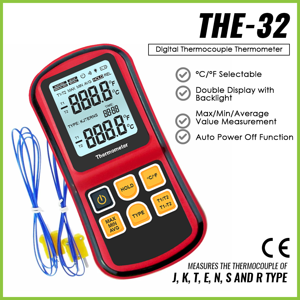 Termómetro de termopar tipo K J T E R S N, pantalla Dual y de 4 canales, herramienta de medición de laboratorio Industrial con sonda de termopar: Rojo