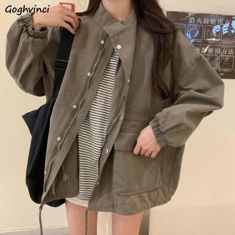 Jackor dam solid dragkedja enkla kappor dam plus storlek 2xl lös bf harajuku ins safari stil oversize high street all-match