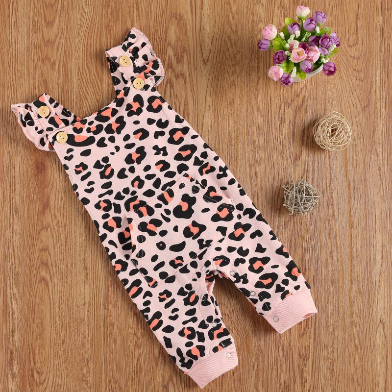 Infantile enfants bébé imprimé léopard combinaison, enfant en bas âge garçon fille sans manches col carré bouton bretelles pantalons longs barboteuse avec poche