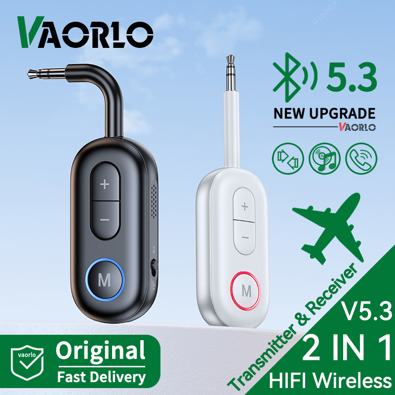 VAORLO 2 en 1 Bluetooth 5.3 Transmisor Receptor de Audio 3.5MM AUX Hifi Estéreo Adaptador Inalámbrico de Música con Micrófono para Coche Avión TV PC Auriculares Altavoz