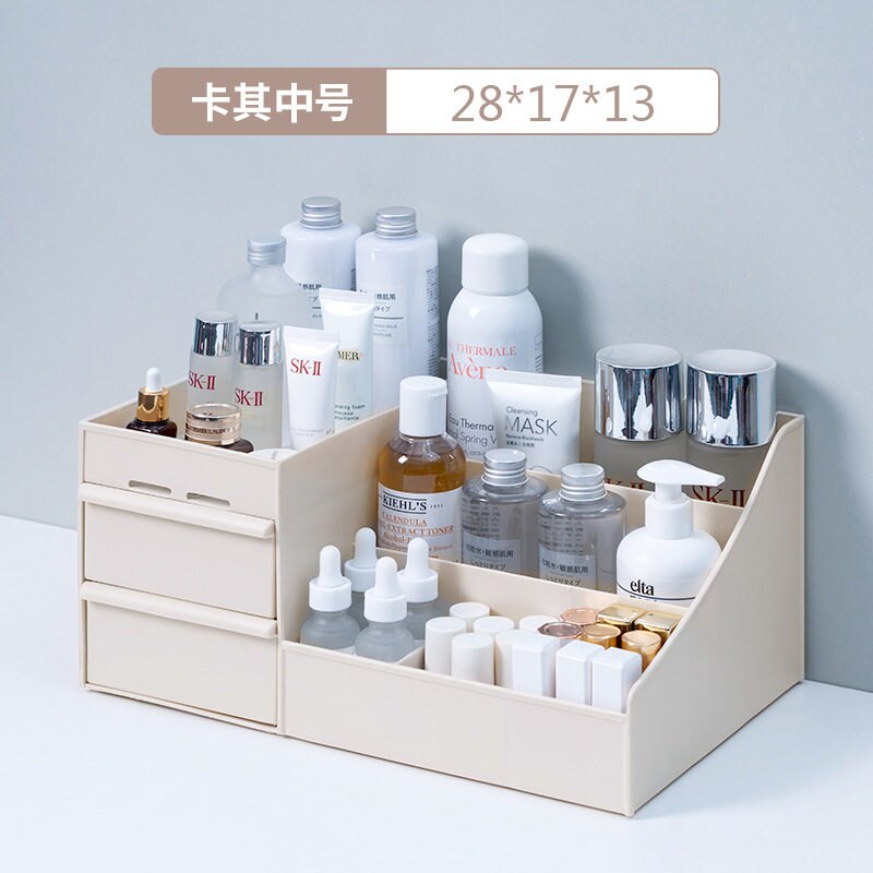 Multifunktionel plastopbevaring makeup arrangør bordskuffe skrivebord opbevaringsskuffe æske diverse kosmetikbeholder hjemmekontor: Kaki størrelse m