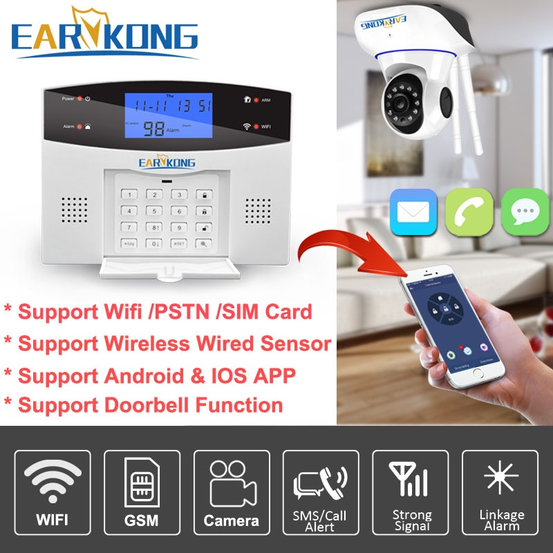 Wifi GSM Home Burglar Alarm System 433MHz Detector Alarm Support Telephone Line PSTN & SIM Card Voice Intercom Wifi APP Relay