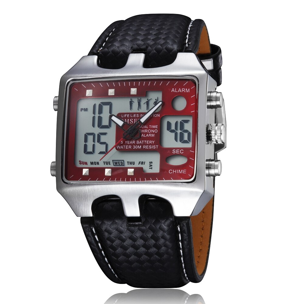 OHSEN digitale LCD Männer Jungen Armbanduhr lederband 30M Wasserdicht Schwarz Sport Armee Uhren Alarm Hand Uhren: rot Armbanduhr
