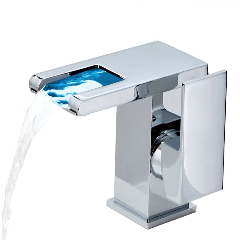 Grifo de cristal tipo cascada para lavabo de baño, hecho de latón, Led: Short Size Silver