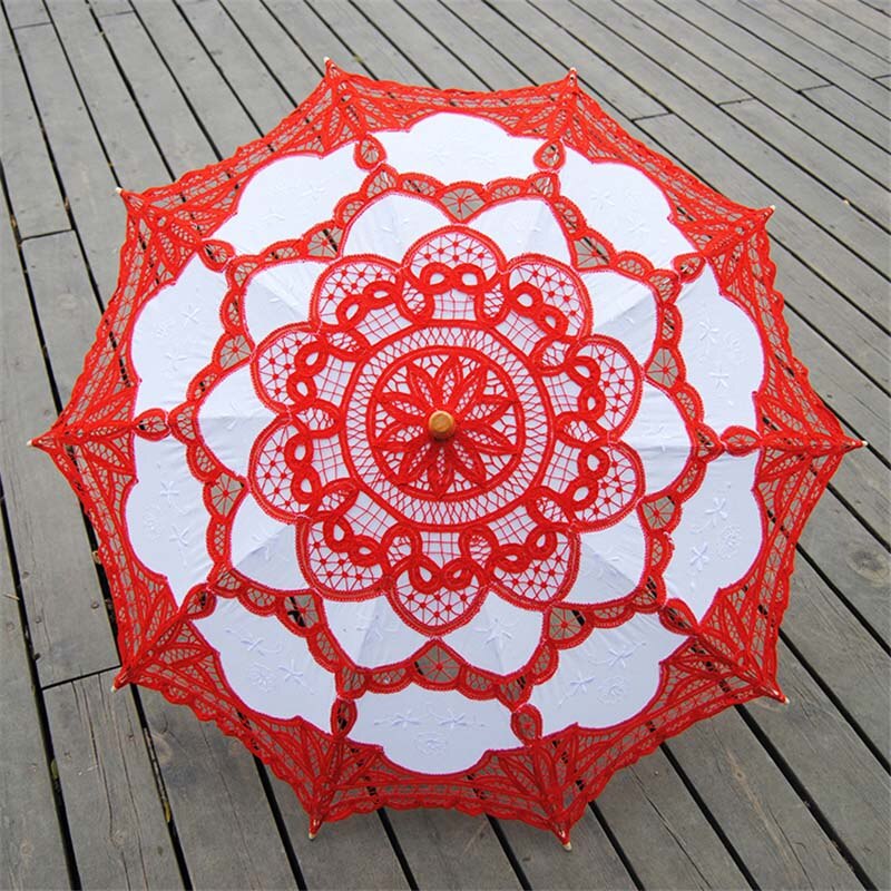 Photography Wedding Umbrellas Lace White Ivory Red Blue Handmade Cotton Embroidered Parisole Umbrellas Victorian Sun For Bride: Red