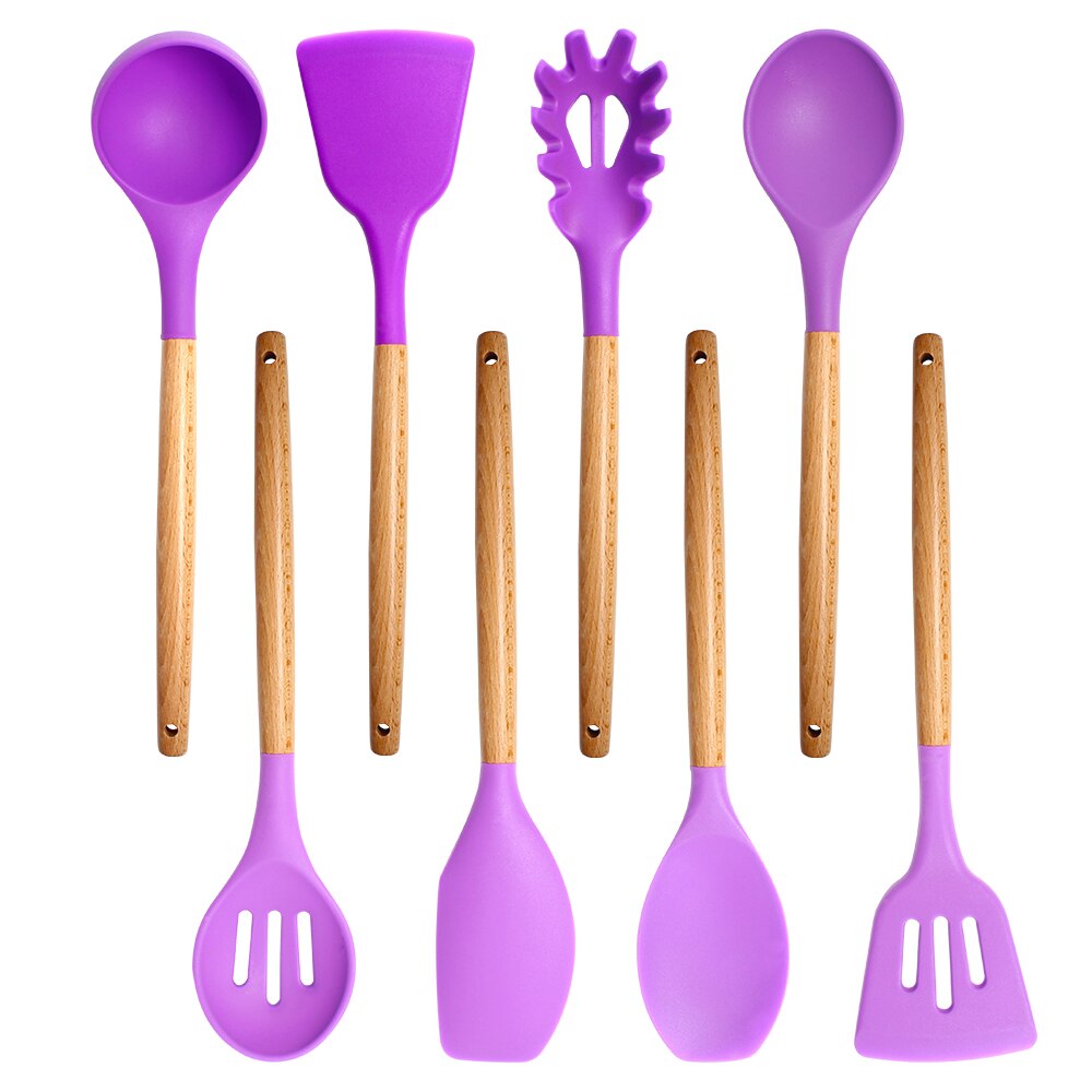 12PCS Silicone Turner Set Wooden Handle Non-stick Cooking Spatula Shovel Kit Kitchen Utensil with Bucket Baking Tools Cookware: 8pcs