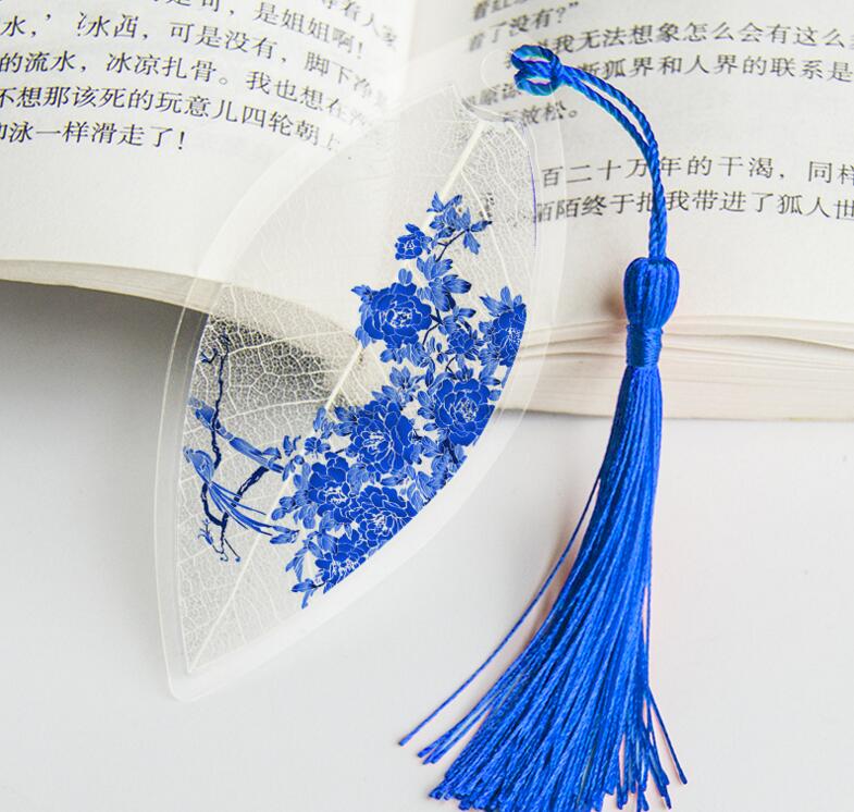 Waterproof Transparent PVC Plastic bookmarks Chinese style bookmark Tassel Bookmarks Collectibles leaf Vein bookmark: 4 flower and birds