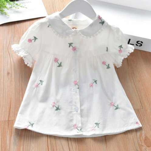 Leuke Meisjes Shirts Lente Zomer Kinderkleding Baby Meisje Bloem Borduren Zoete Korte Mouw Blouse Tops Kids: Roze / 7T(140)