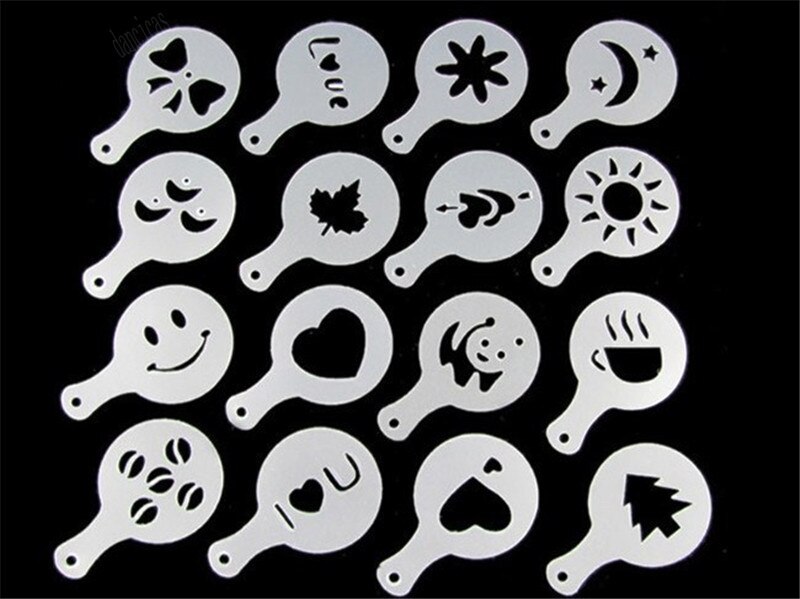 16 stuks/set plastic café schuim spuit sjabloon barista sjablonen diy decoratie gereedschap slinger mal luxe koffie print bloem model