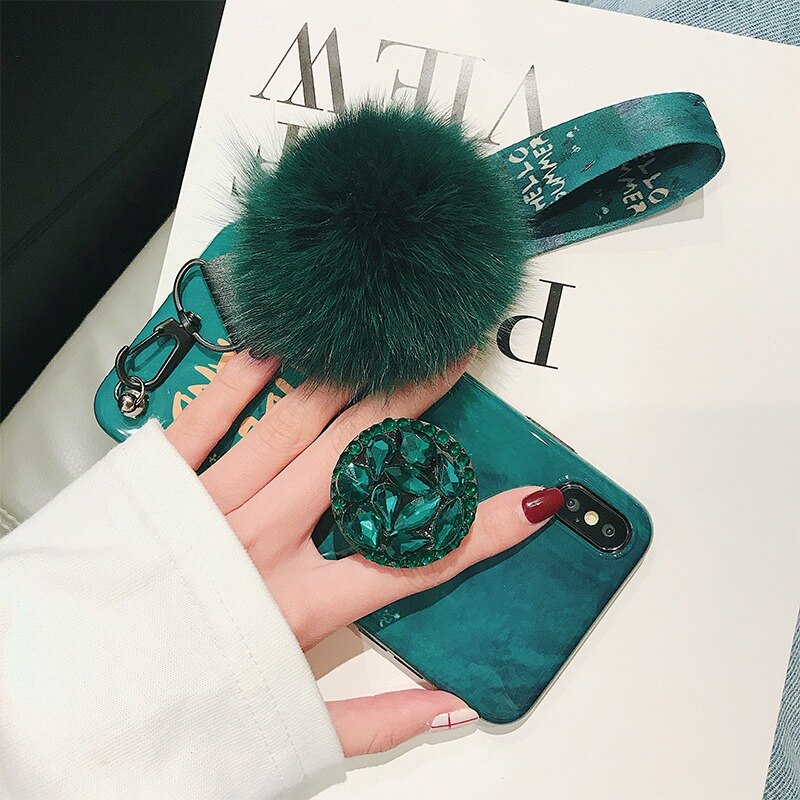 For Huawei Mate 20 Pro Mate 30 Lite Mate 30 20X 5g 10 9 Pro Y6 Y7 Y9 Rhinestone Holder Vintage Emerald Hairball Back Case