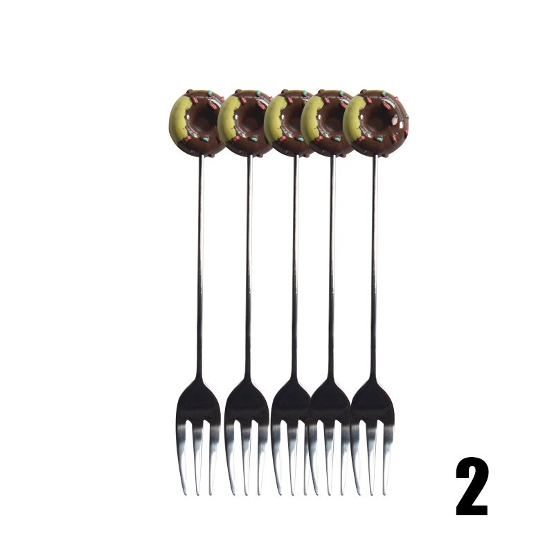 5pcs Kitchen Stainless Steel Doughnut Donuts Coffee Tea Spoon Set/Stirring Stick/Fruit Dessert Pastries Fork Set Donut fork spoo: 2