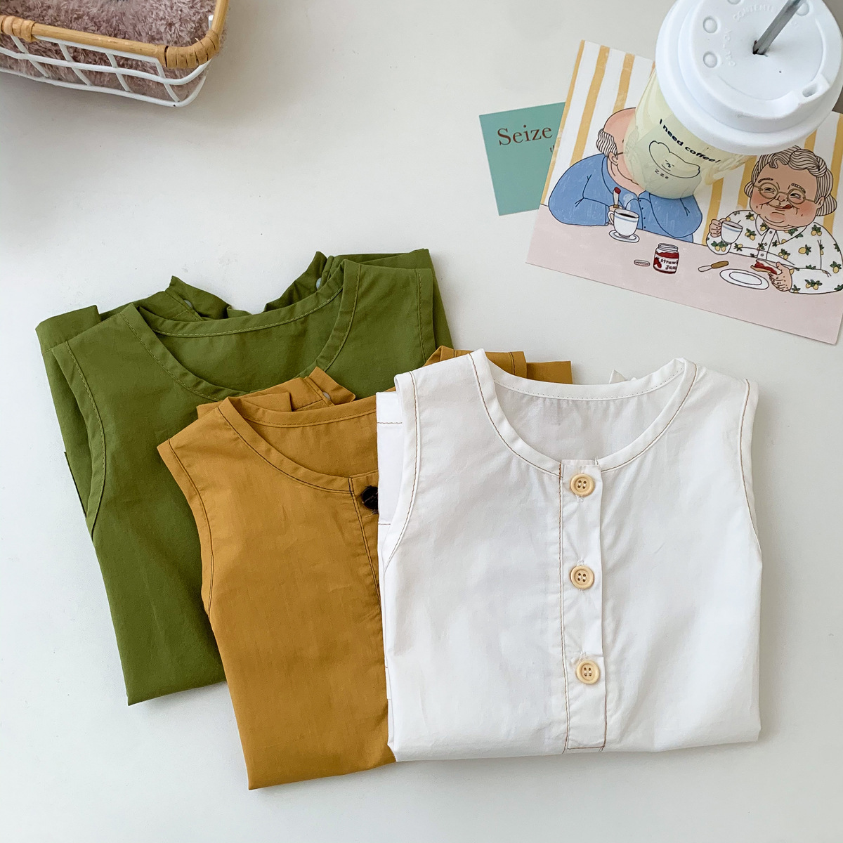 1563B Baby Clothes 2022 Summer New Buttoned Sleeveless Boy&#39;s Straight Climbing ClothesThin Solid Color Baby Girl Bodysuit