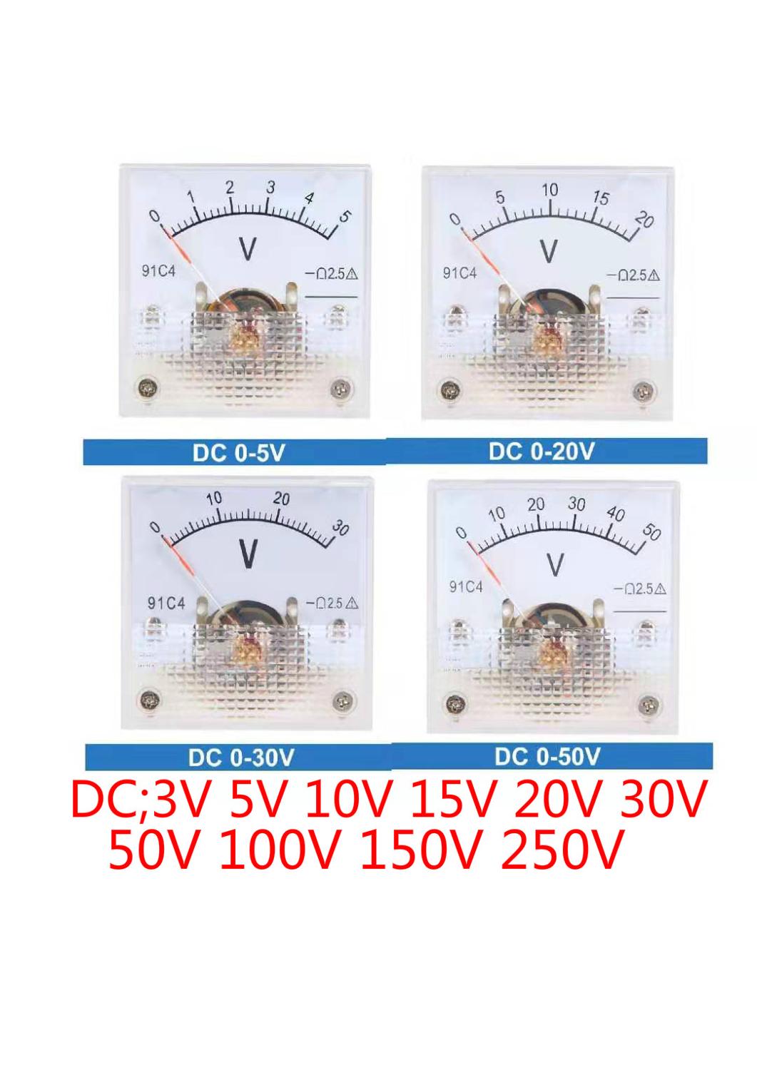 91C4-V DC3V 5V 10V 15V 20V 30V CC 0-50V 100V 150V 250V puntero Panel analógico medidor de voltaje voltímetro 2.5% margen de Error