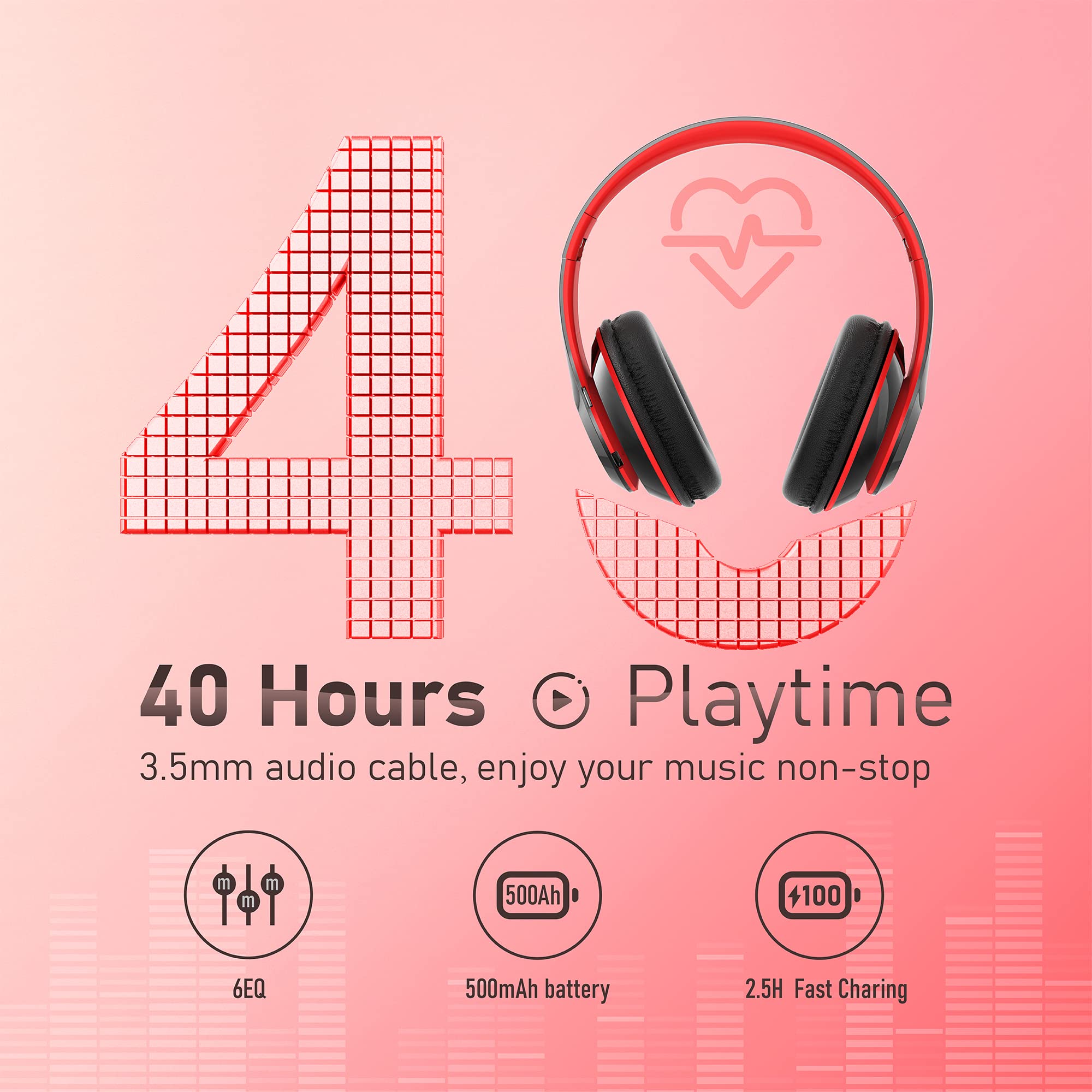 Bluetooth-Kopfhörer über Ohr, 6s faltbare kabellose Kopfhörer mit 6 eq-Modi, 40 Stunden Spielzeit Hifi-Stereo-Headset mit Mikrofon