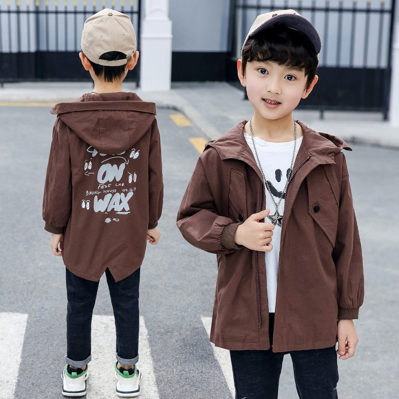 Long modèle décontracté garçons à capuche Trench Coat enfant 4-13 ans automne printemps garçons lettre Trench veste d'extérieur