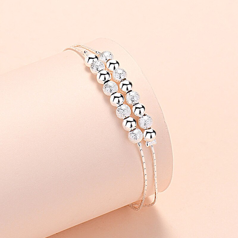 Podwójna warstwa bransoletka z kulką damskie polerowane matowe szczęście koralik proste wszechstronny szterling 925 srebrne akcesoria łańcuch ręczny