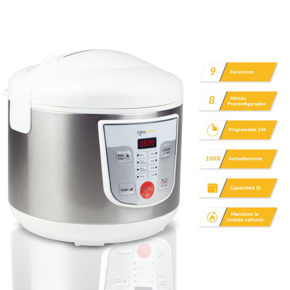 NEWCOOK Robot de Cocina Multifunción, Capacidad 5 Litros,8 Menús Preconfigurados. Incluye Cubeta Antiadherente. Blanco