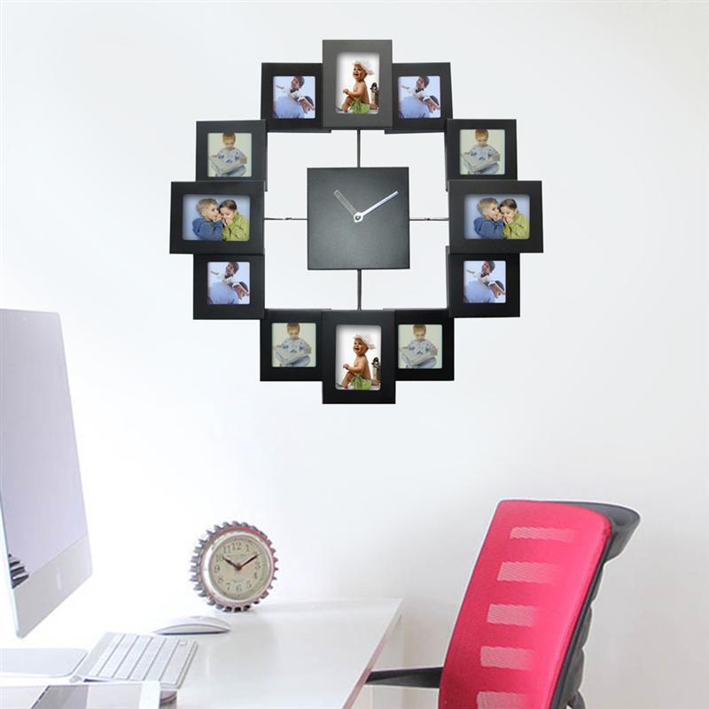 14 Inch Photo Frame Clock Metal Photo Frame Wall Clock Color Paint Aluminum Frame Clock Without Battery (Black)