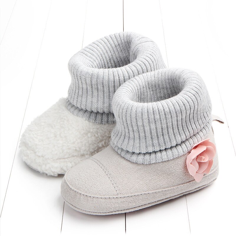 Thinck Lange Pluche Baby Peuter Meisje Snowboots Winter Baby Schoenen Leuke Bloem Zachte Katoen Breien Antislip Warm meisjes Laarzen: gray / 0-6 months