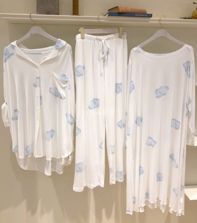 Japanese spring and Autumn thin pajamas gelato Modal cotton clouds long sleeve pantsuit crescent soft home wear sleepwear