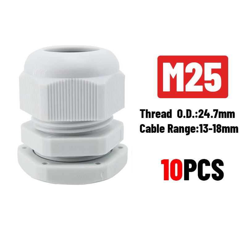 White 10pcs IP68 M12 for 3-6.5mm PG7 M16 M18 M20 M25 M36 M40 M63 Wire Cable CE Waterproof Nylon Plastic Cable Gland Connector: M25x1.5