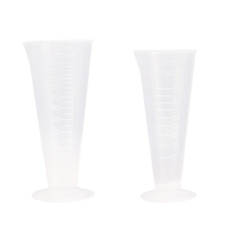 2 Stuks Plastic Afgestudeerd Cups Rand Meetschaal Cups Transparante Kegel Lab Vloeibare Container Meting Cups (50 Ml/100 Ml)