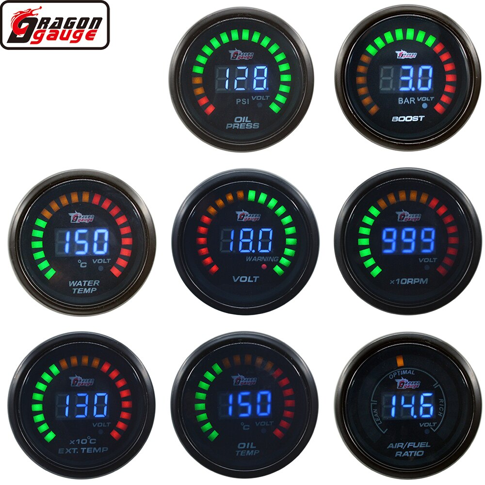 Dragon 52Mm Digitale Display Lcd Auto Gewijzigd Meter Water Olie Temperatuur Boost Druk Volt Toerenteller Rpm Air Gauge