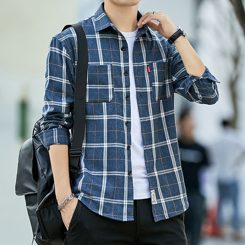 Herr flanell rutig skjorta 100%  bomull vår höst ledig långärmad skjorta mjuk komfort slim fit stilar varumärke man plus size