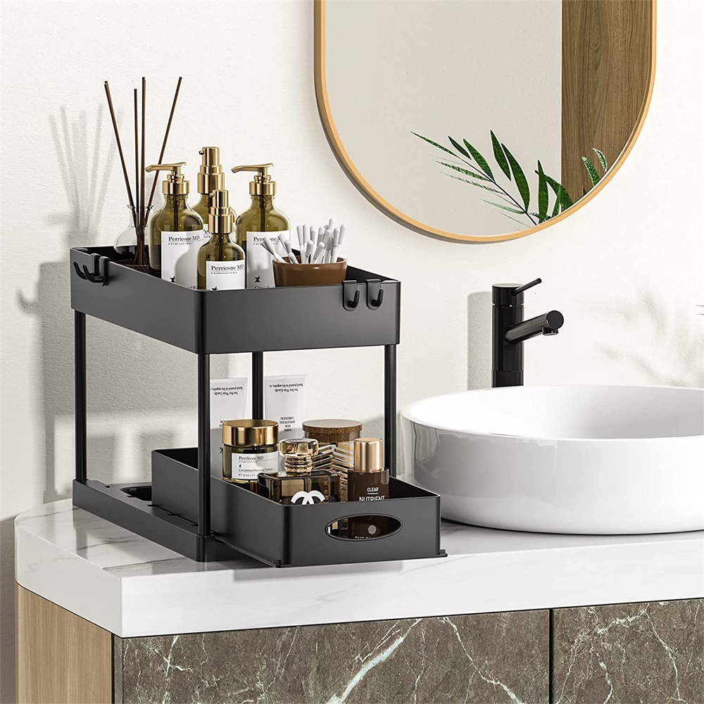Küche unter der Spüle, Organizer, Aufbewahrungsregal, 2-stufiger Shampoo-Reinigungsmittelschrank, Gewürzregal, Badezimmer-Kosmetik-Aufbewahrung: Licht Grau