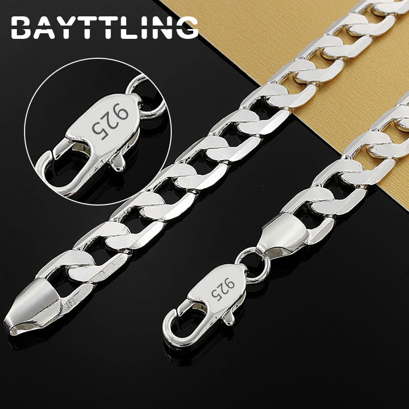 BAYTTLING-Cadena de eslabones laterales completos para mujer y hombre, de Plata de Ley 925, 20/24 pulgadas, 10MM, de joyería de boda