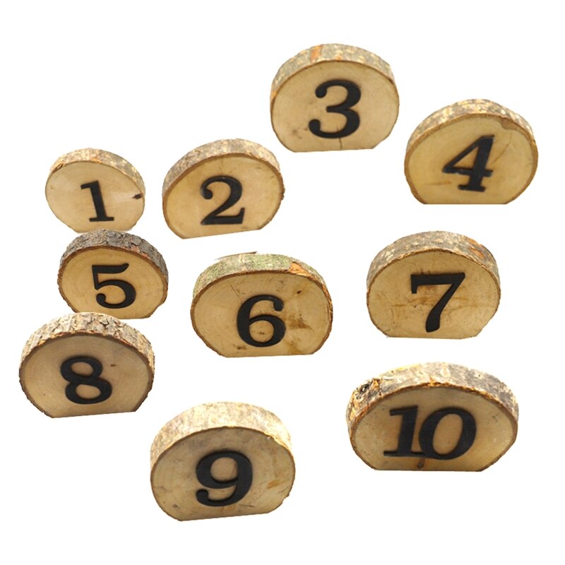 10Pcs 1-10 Rustic Wedding Table Numbers Round Wooden Log Slice Tree Bark Ornament Seat Digtal Card Banquet Party Decor