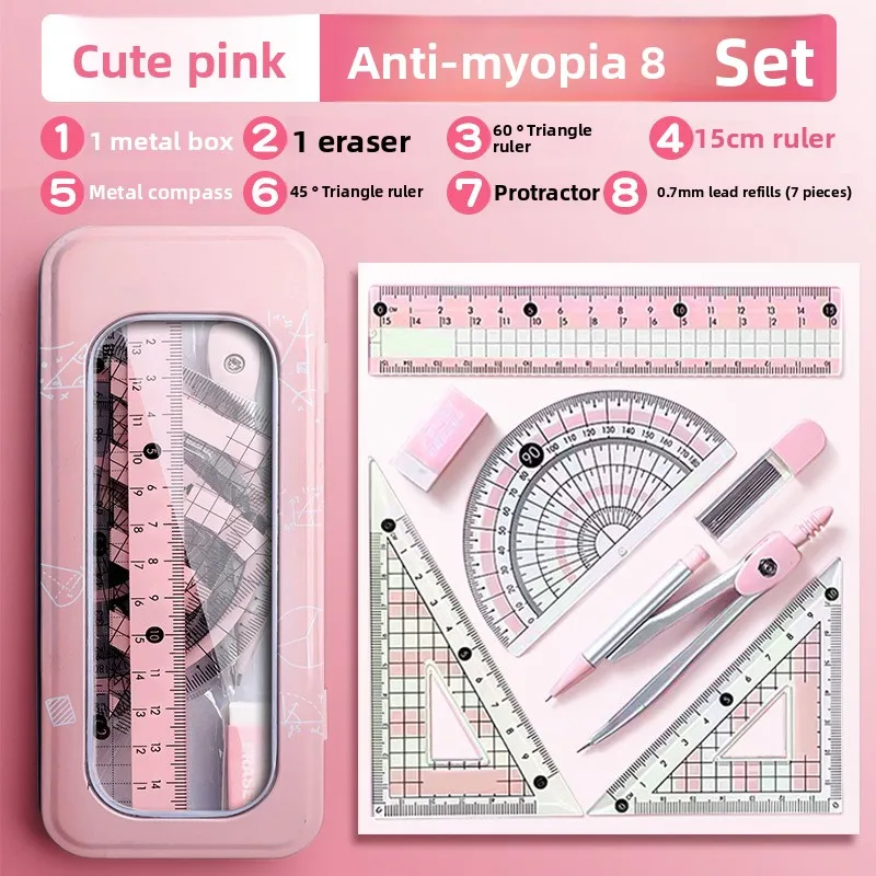 Juego de medición de 8 piezas para prevenir miopía, regla de brújula para medir ángulo preciso, dibujo de tareas de estudiantes, papelería de de oficina: BLANCO