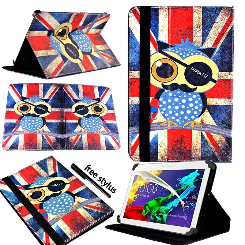 KK&LL For Lenovo Tab 2 A10-70 10.1 Inch - Leather Tablet Stand Folio Cover Case + Free stylus: Owl Pirate