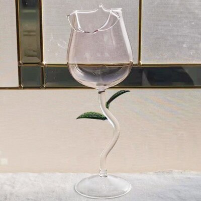 High Rose Shape Goblet Transparent Pink Rose with Leaves Wine Champagne Glasses Romantic Water Cups: 260ml pink 1pc