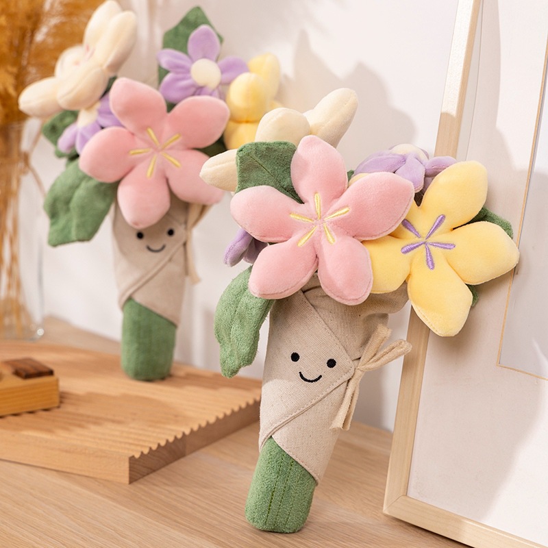 Interessante bouquet di peluche, tulipani, piante in vaso, bambole di peluche, bouquet adorabili e lenitivi e regali per il giorno della laurea per ragazze.
