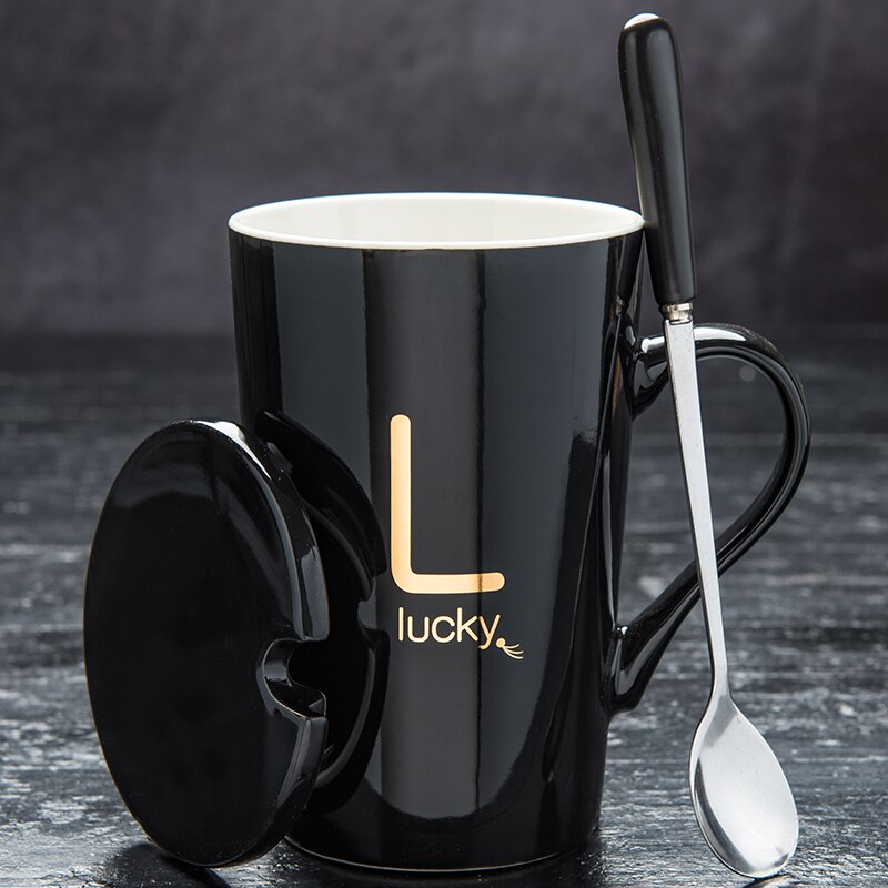 couple ceramic mug with lid spoon trend men and women household drinking cup personality milk coffee tea cup cup: E