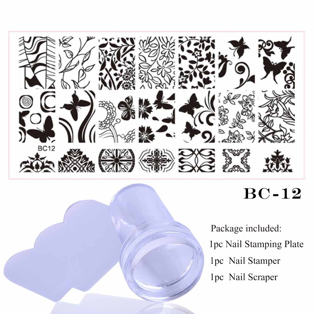1 sæt blonde stempelplade til nail art blomst 3d overførselstryk stencil stamper skraber manicure stempel værktøj chbc 01-20: Bc12