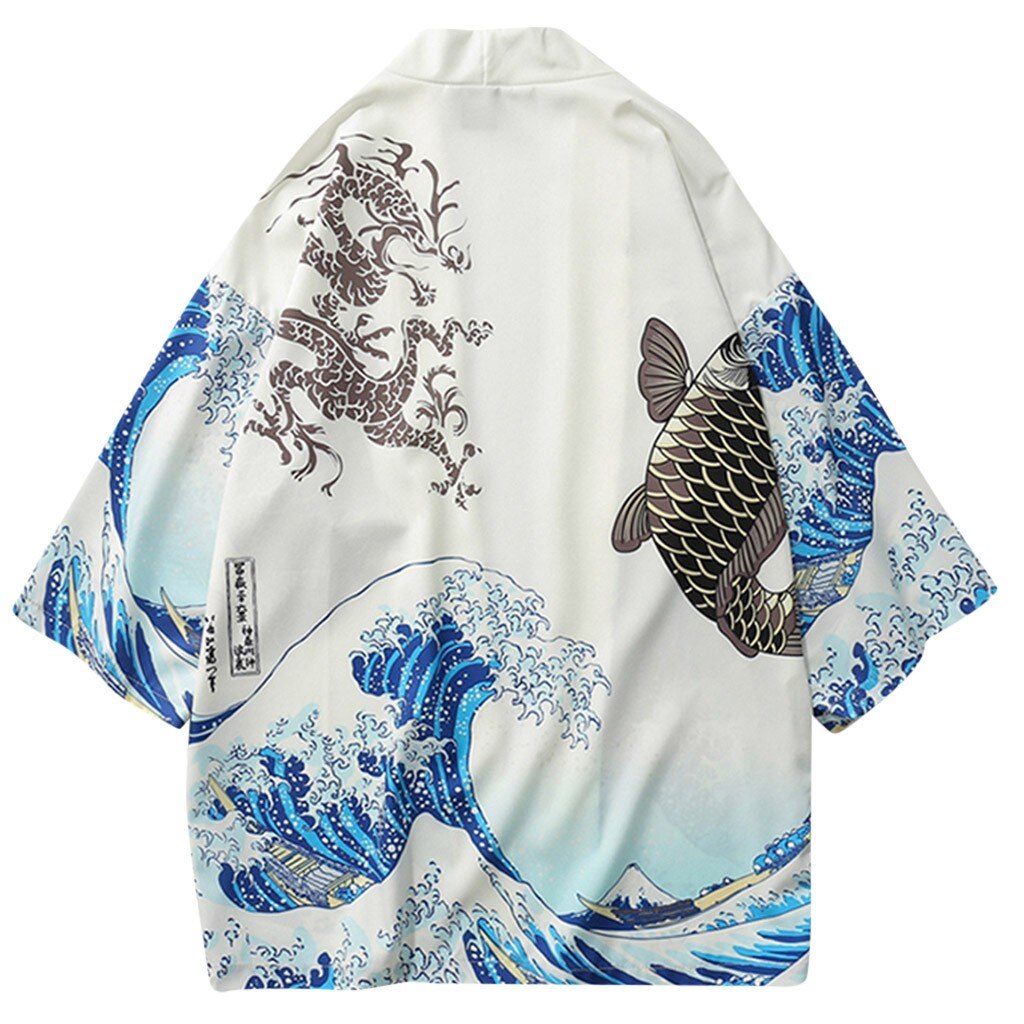 Kimono Cardigan Men Shirt Women Couple Blouse Men Tops Loose Printing Sunscreen Summer Coat Kimono Cardigan Mens Shirts camiseta: White / M