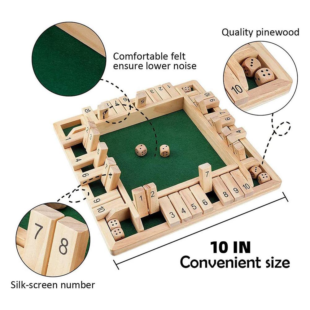 Shut The Box Dice Board Game 4 Sided 10 Number Wooden Flaps & Dices Game Set for 4 People Pub Bar Party Supplies