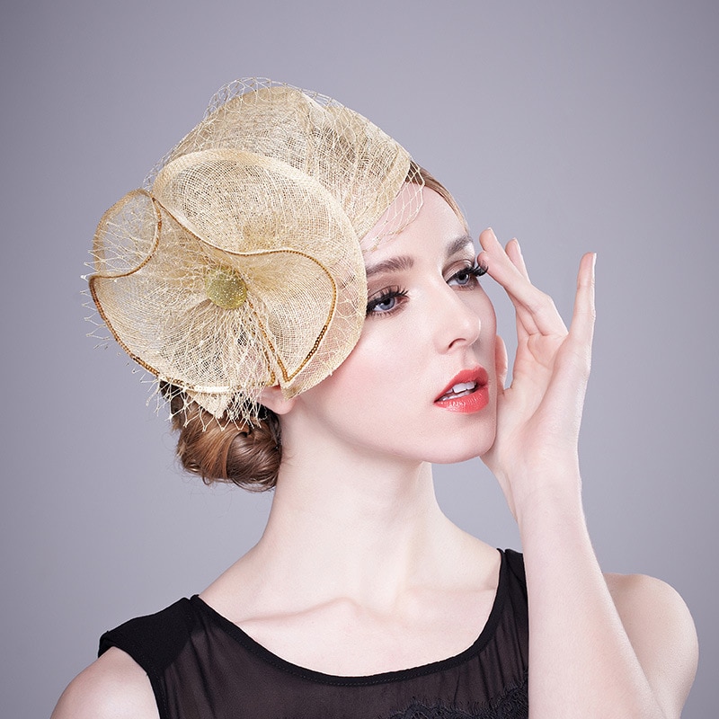 Champagne Gold Big Flower Fascinator Hats Ladies Women Wedding Evening Party Net Caps