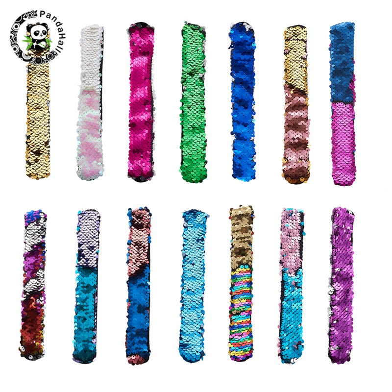 Pandahall 14 stuks/set zeemeermin slap armbanden tweekleurige omkeerbare bedel pailletten flip polsbandjes voor sieraden bevindingen 25 x 3mm