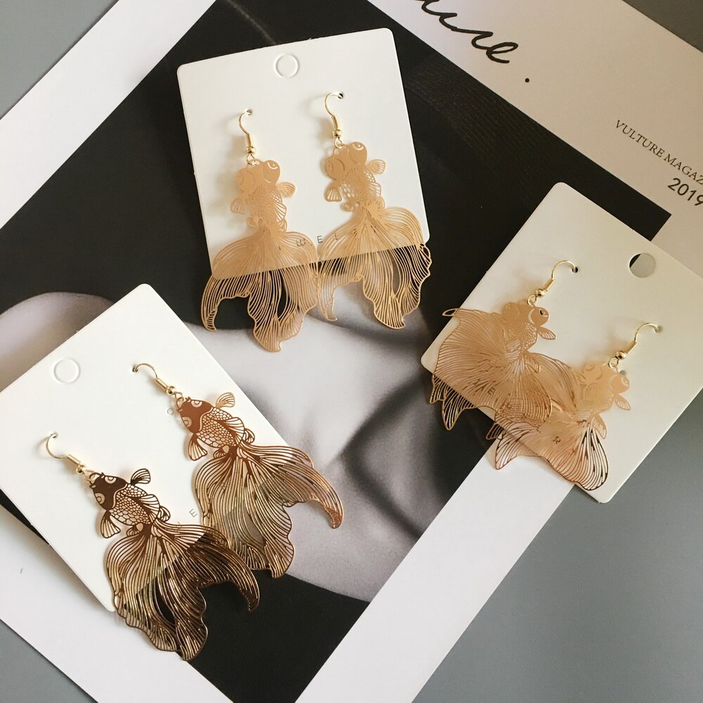 Pendientes Koi de para mujer, aretes metálicos huecos exagerados, pendientes de pez dorado, pendientes geométricos, joyería, pendientes de pez