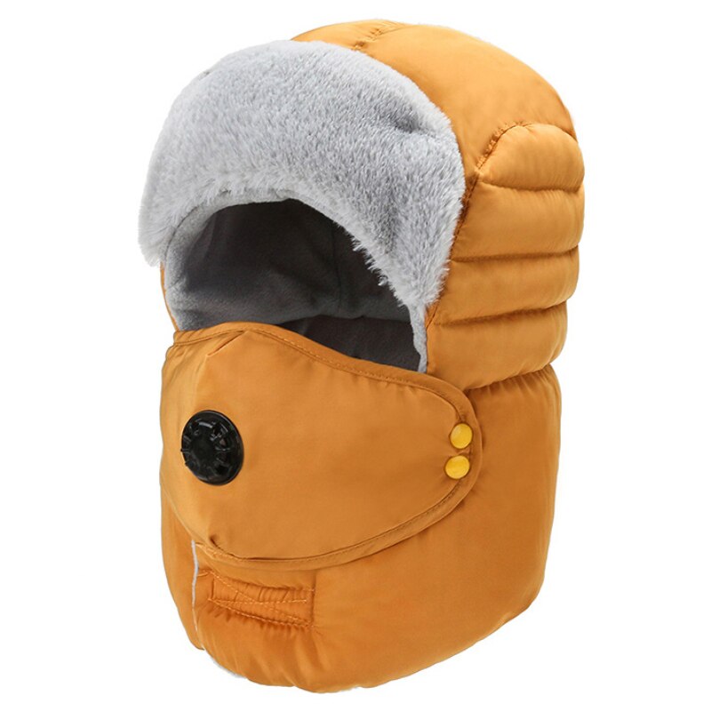 Bomber Hat Men Women Winter Hat with Mask Thick Warm Russian Hat Windproof Earflap Trapper Cap Unisex Snow Ski Fur Hat: Yellow