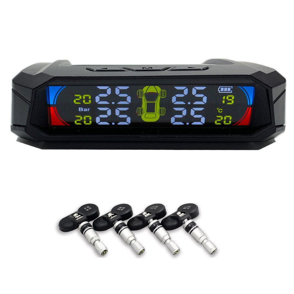 Solar Tpms Sensor Kleur Lcd Tpms Draadloze Auto Bandenspanning Temperatuur Monitoring Systeem Met 4 Sensoren Alarmsysteem Voor Auto