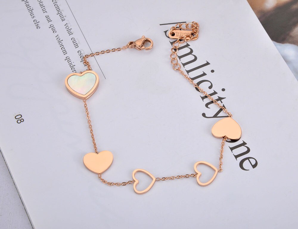 JeeMango Trendy Rose Gold Shell Heart Charm Party Bracelet Bangle Stainless Steel Bohemia Chain Link Bracelets For Women JB19117