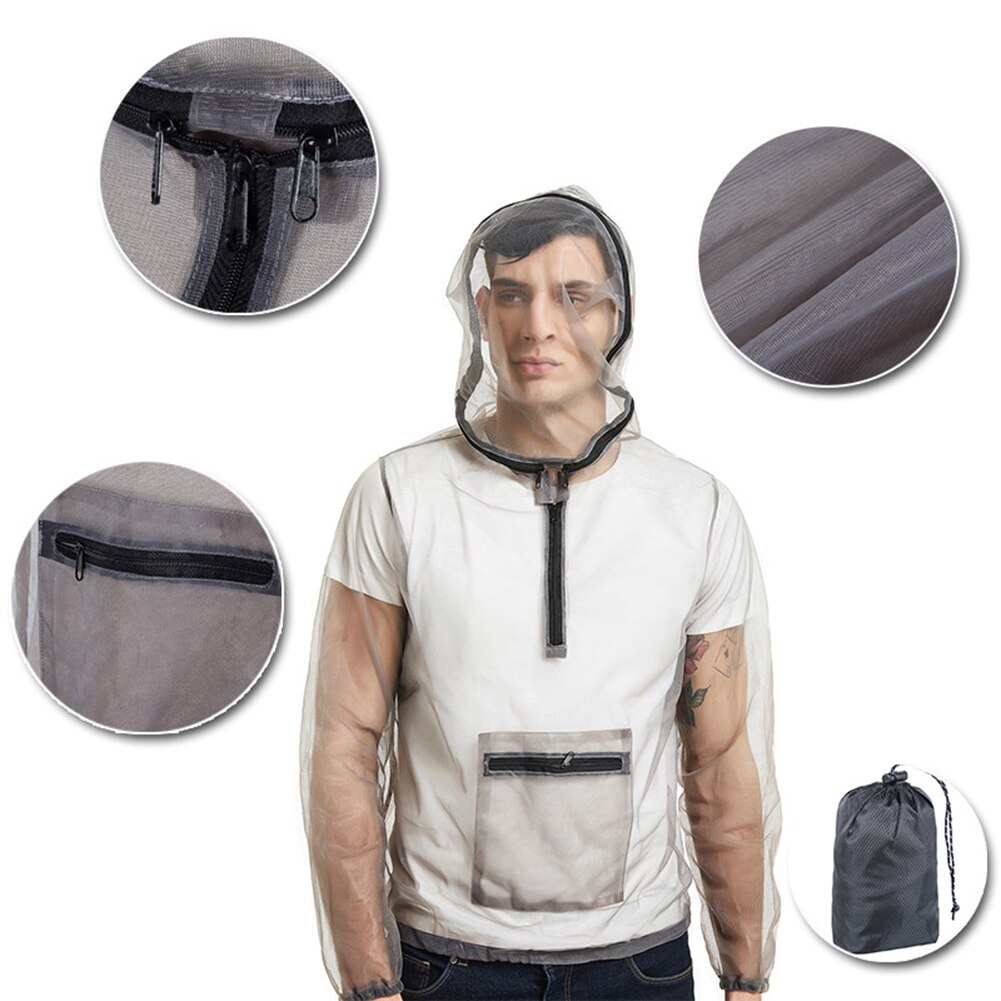 Men Outdoor Anti-mosquito Fishing Mesh Hooded Long Sleeve Jacket Coat Top Suit Fishing Camping Clothes