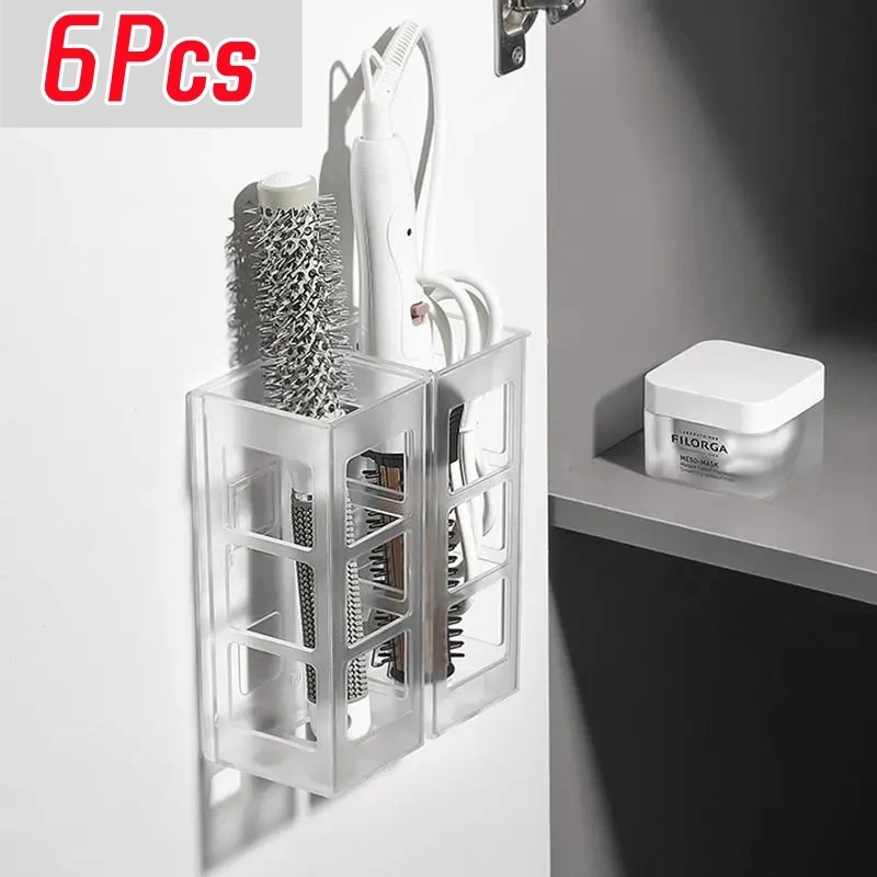 6Pcs Curling Iron Organizer Bathroom Wall-mounted Hair Straightener Holder Perforation-free Hair Tools Makeup Organizer Box