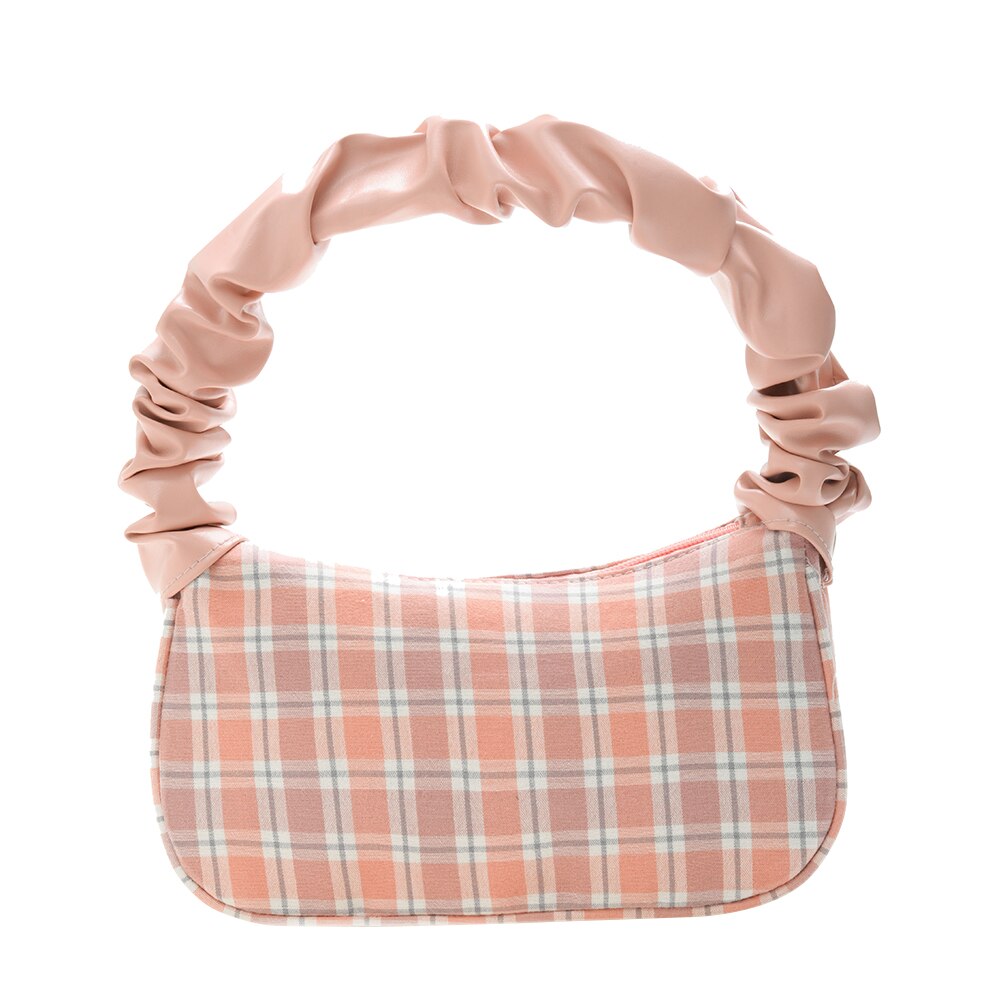 Simple Bear Plaid Printed Pleated Handbags for Women Casual Canvas Armpit Bags Female Small Underarm Shoulder Bags: Pink Plaid