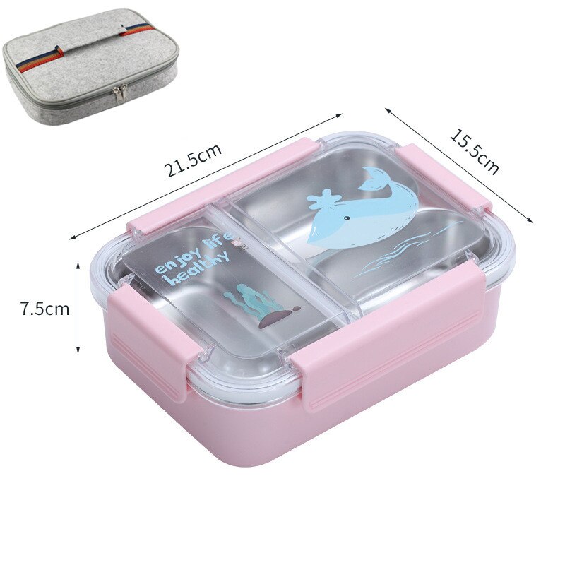 800ml Cartoon Stainless Steel 304 Lunch Box Leak-Proof Kids Children Bento Box Student School Microwave Food Container: Pink with Bag